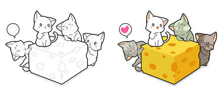 Kawaii cats and cheese cartoon coloring page for kidsのイラスト素材