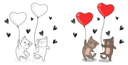 Cats are holding heart balloons cartoon coloring page for kidsのイラスト素材