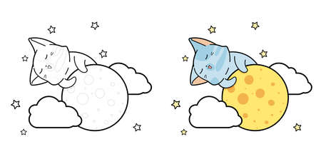 Cute cat is climbing the moon cartoon coloring page for kidsのイラスト素材