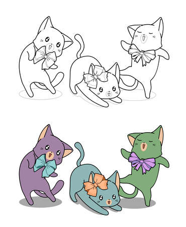 Cute cats are wearing bow cartoon easily coloring page for kidsのイラスト素材