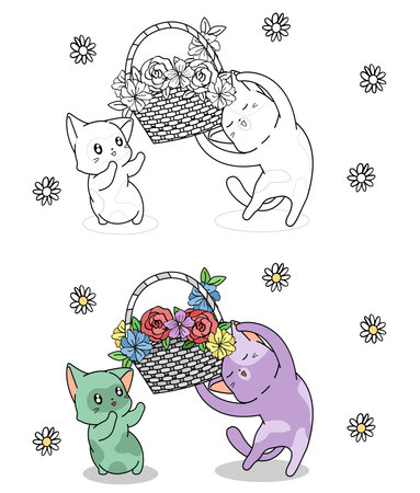 Cute cat characters with basket of flower cartoon easily coloring page for kidsのイラスト素材
