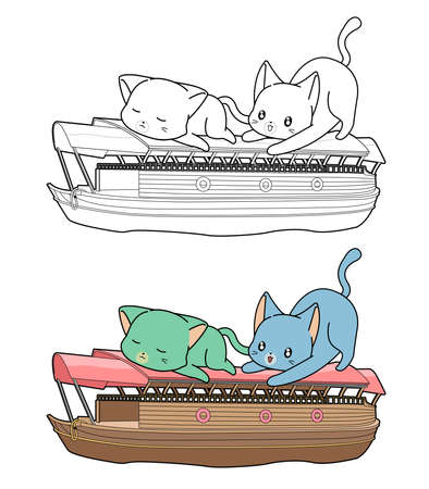 Cartoon cats and boat coloring page for kidsのイラスト素材