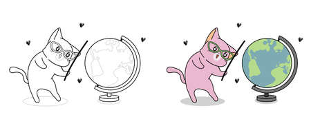 Cute cat and world map cartoon coloring page for kidsのイラスト素材