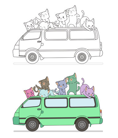 Cute cats with van cartoon coloring page for kidsのイラスト素材