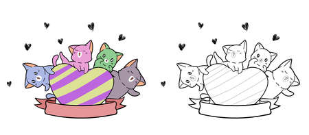 cute cats with big heart cartoon coloring pageのイラスト素材