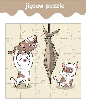 jigsaw puzzle game of cats with giant fish cartoonのイラスト素材