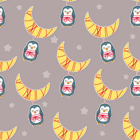 Seamless peguin is sleeping with the moon patternのイラスト素材