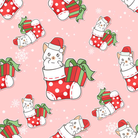 Seamless pattern cat in sock with gift cartoonのイラスト素材