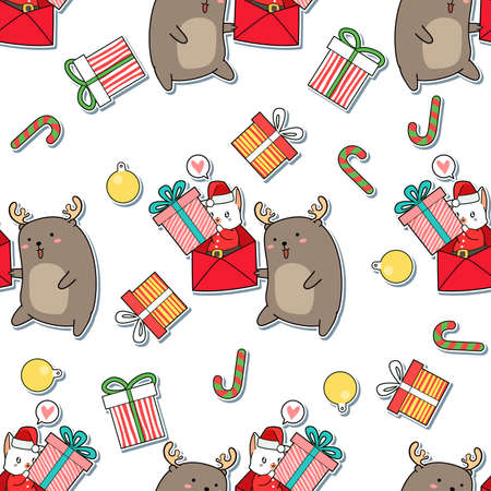 Seamless pattern Santa Claus cat and reindeer cartoonのイラスト素材