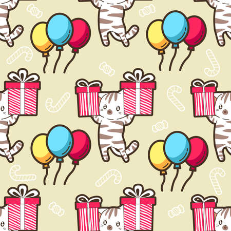 Seamless cat and Christmas gift in party patternのイラスト素材