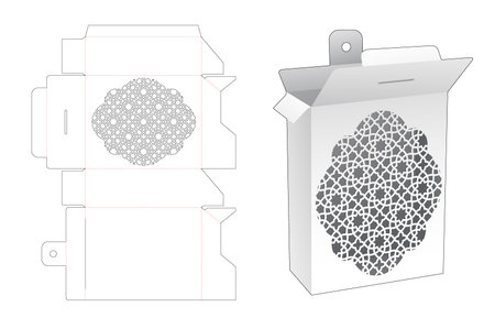 Hanging box with stenciled Arabic pattern die cut template and 3D mockupのイラスト素材