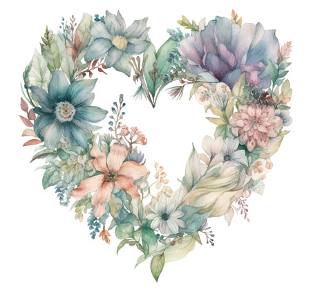 Beautiful vector image with nice watercolor floral heart-shaped frameのイラスト素材