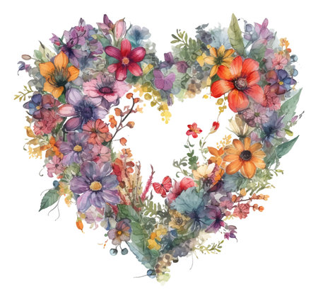 Watercolor floral heart-shaped bouquet isolated on white background.のイラスト素材