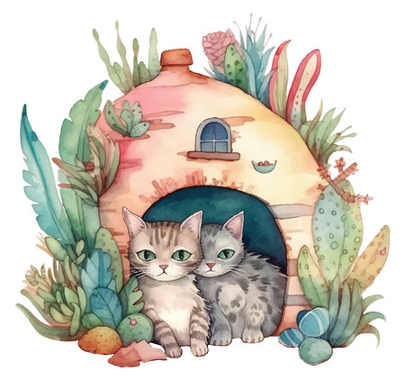 Cute cat and kitten in cactus house. Watercolor illustrationのイラスト素材