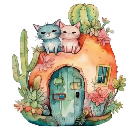 Watercolor cute house with cats and cacti. Hand drawn illustrationのイラスト素材