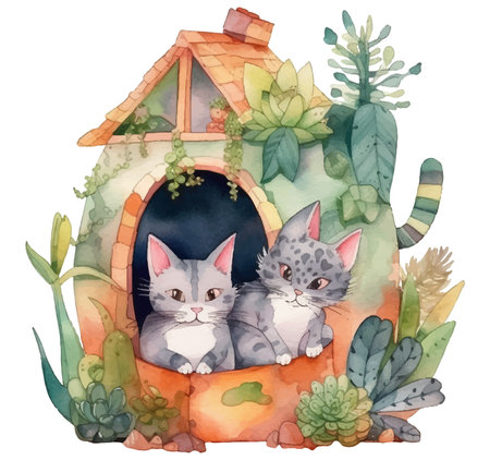 Watercolor illustration of a cat and a cat in a cactus houseのイラスト素材