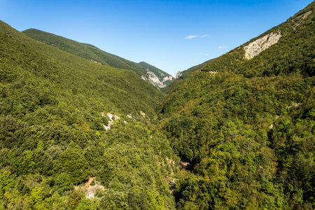 Lago di Fiastra, reservoir in the province of Macerata, Marche region, Italy. Within the Monti Sibillini National Park.の写真素材