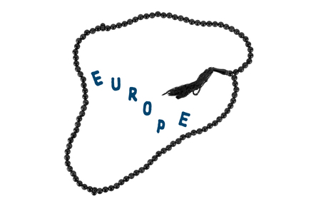 Muslim prayer beads and the lettering "Europe". Isolation on a white background.の写真素材