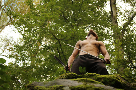 3 September 2016. Kozelsk, Russia. Swordsman in the forestのeditorial素材