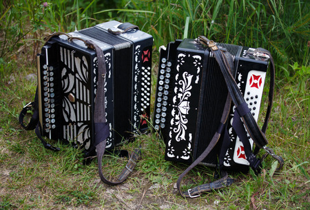 Two accordions are lying on the grassの写真素材