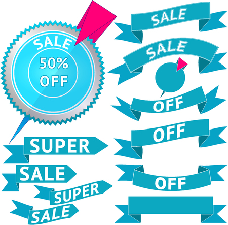 Set of badge and ribbon banners with text about sale discount. The inscriptions are cut in the ribbons. Vector illustrationのイラスト素材