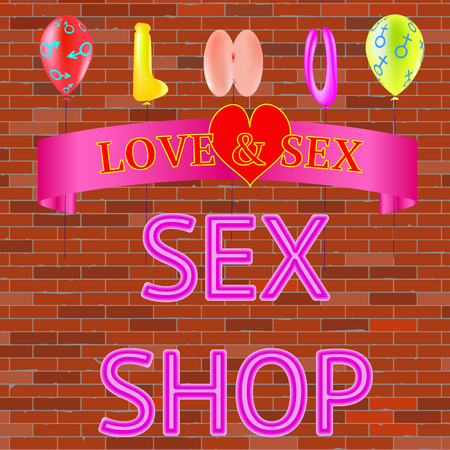 Banner store for adults. Sex shop. Neon sign and stylized erotic toys in the form of balloons. The inscription "love and sex" or space for your text. Vector illustration.のイラスト素材