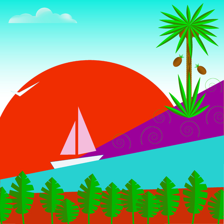 Tropical island with palm tree and flowers, ship and sun. Vector illustrationのイラスト素材