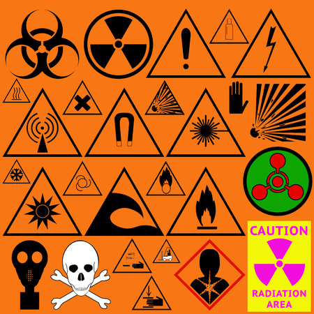 Set of hazard symbols. Biological dangerous, Ionizing radiation, chemical weapon, poison, carcinogen and other. Vector illustrationのイラスト素材