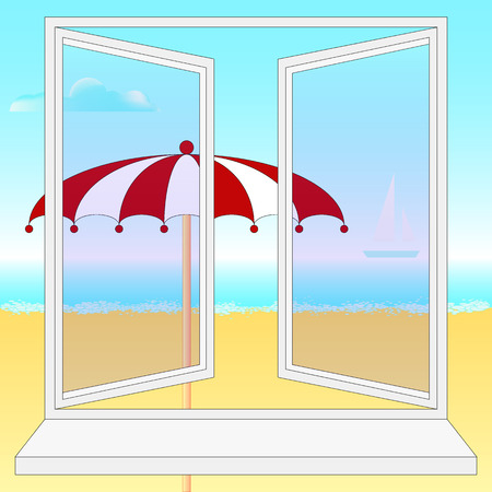 Pop Art illustration of beach, umbrella, sea and ship.のイラスト素材