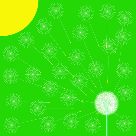 Green spring background with stylized dandelion and sun. Vector illustrationのイラスト素材