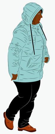 An African American female dressed in winter clothes. A woman in a synthetic hooded winter jacket is walking. Realistic vector illustrationのイラスト素材