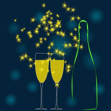 A champagne bottle and two glass of wine. Vector illustrationのイラスト素材