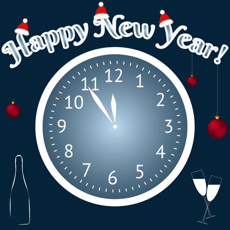 Happy new year greeting card. Christmas balls and Champagne. A clock shows at five minutes to tvelve. Vector illustration.のイラスト素材