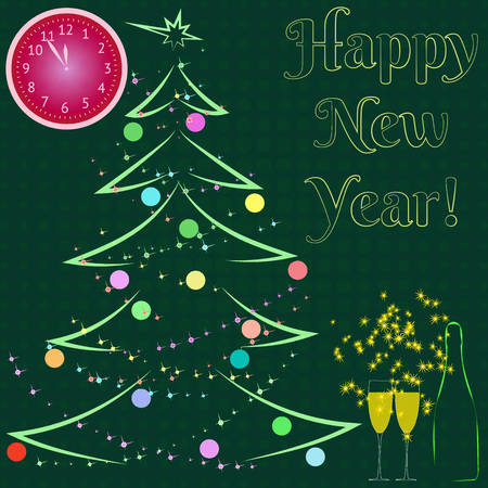 Happy New Year. A bottle and wineglasses of champagne with a clock that shows at five minutes to twelve. Vector Illustrationのイラスト素材