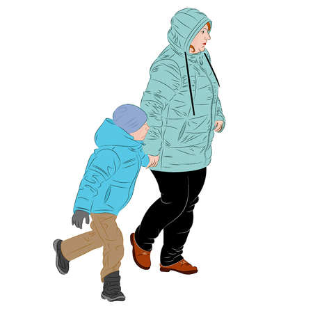A mother is walking by the hand with the child. Realistic vector illustrationのイラスト素材