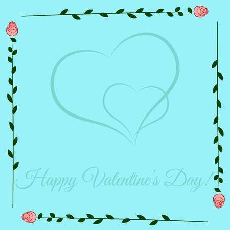 Frame of roses on a blue background. Horizontal. Two hearts and Valentine's Day wishes. Space for your text. Vector illustrationのイラスト素材