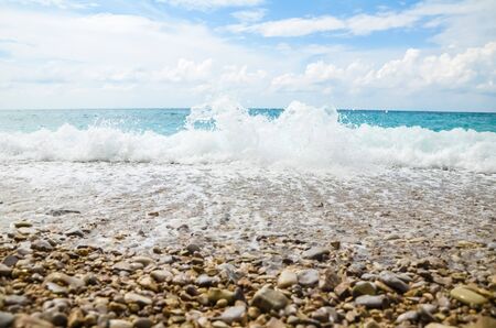 Summer beach off the coast with clouds travel in Montenegroの写真素材