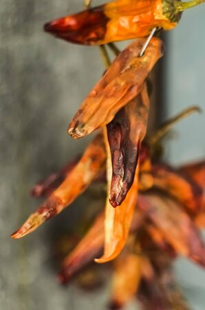 A bunch of dried red hot chili peppers on a gray wall backgroundの写真素材