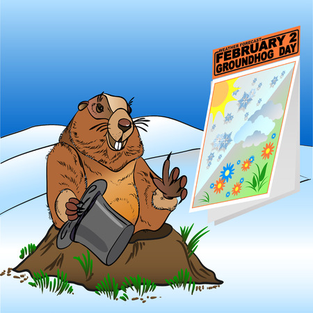 Groundhog Day. Marmot get out of the burrow in snow and blue sky painted in the vector for February 2のイラスト素材