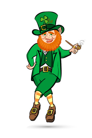 Leprechaun Celebrating Saint Patrick's Day. Irish Leprechaun Jumping with a pipe in his hand. Isolated Vector Illustration.のイラスト素材