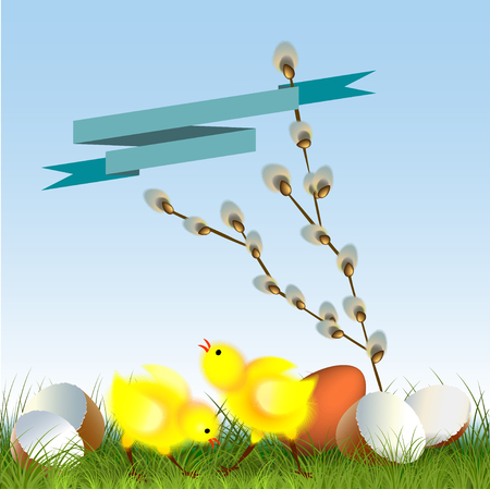 Cute chicks with spring flower against the blue skyのイラスト素材