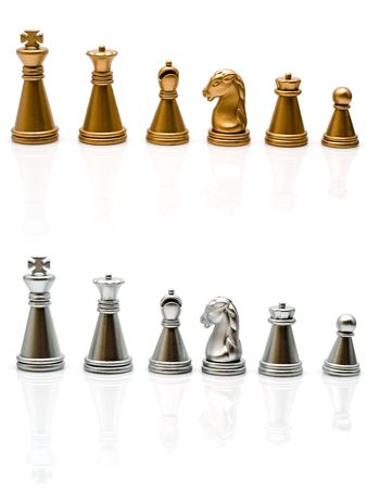 gold and silver chess on a white backgroundの写真素材