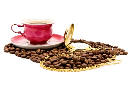 cup of coffee and clock on a white background の写真素材