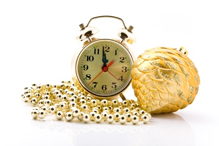 christmas toys with a clock on a white background の写真素材