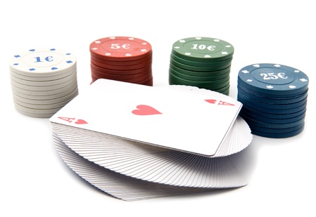 chips and maps for a poker on a white background の写真素材