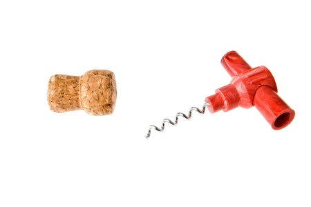cork-screw and cork on a white backgroundの写真素材