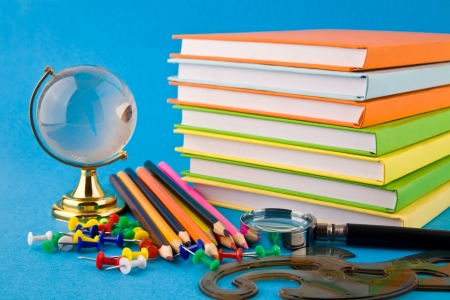 office tools on a blue backgroundの写真素材