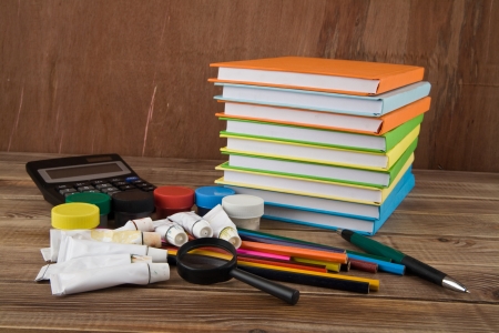 office tools on a wooden backgroundの写真素材