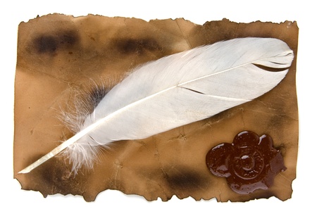 feather and old paper on a white background の写真素材