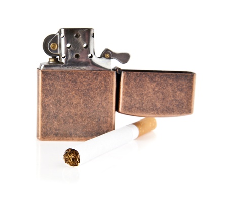 cigarette-lighter and cigarette on a white backgroundの写真素材